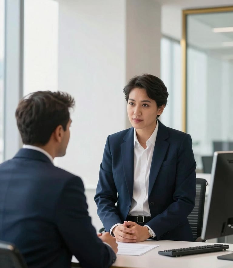 A professional business consultation in a bright, modern Dubai office, soft natural daylight, clean navy and gold tones, sharp architectural depth, editorial photography