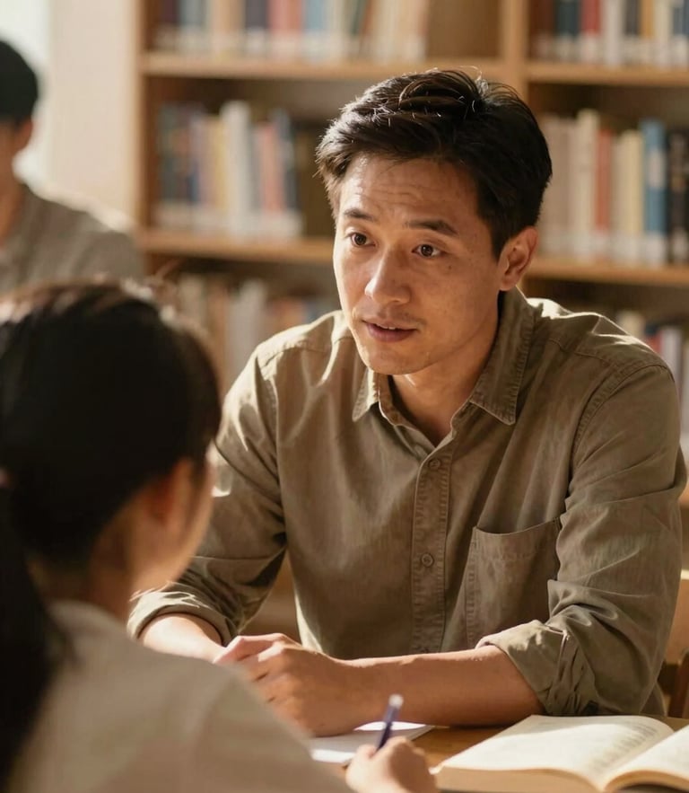 A close-up candid photo of a community mentor listening intently to a young student in a warm, sunlit library, soft golden hour light, rich earthy tones, 35mm style.