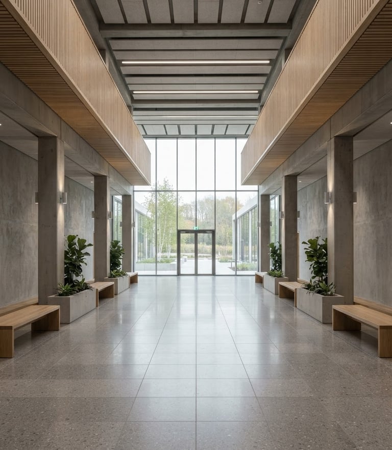 Symmetric concrete and light oak interior of a modern public building, soft morning daylight casting quiet shadows, minimalist architectural perspective