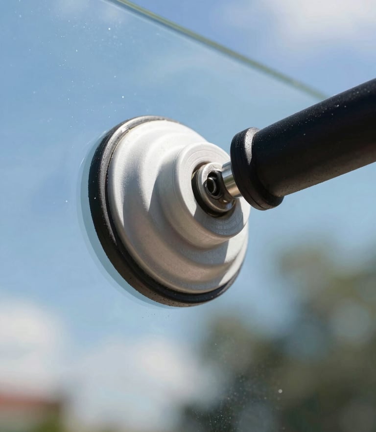Extreme close-up of a pristine, heavy-duty suction cup handle lifting a thick sheet of glass, bright Florida sunlight refracting through the polished edge, ultra-clear depth of field.