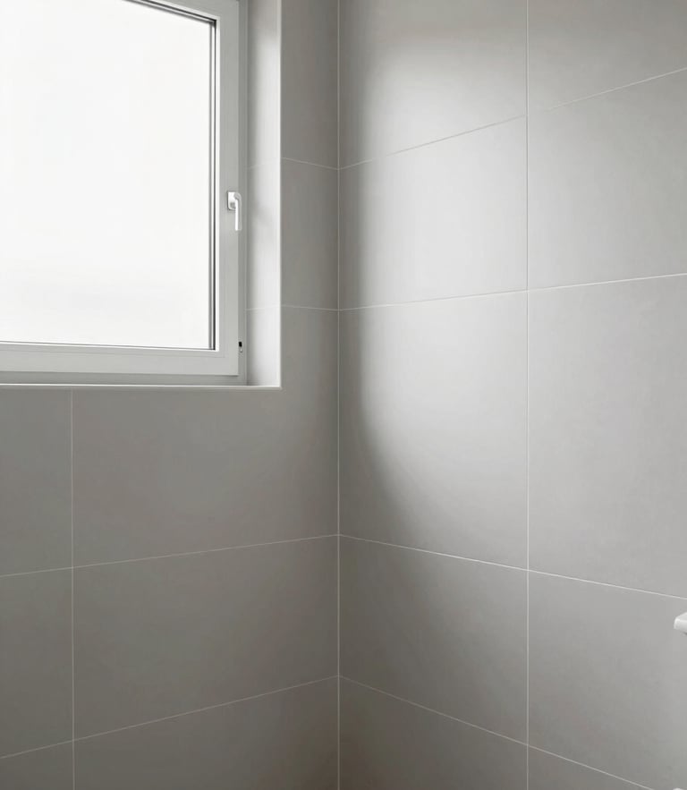 Crisp architectural photography of a modern renovated bathroom with immaculate tiling joints, bright natural window light, 35mm lens