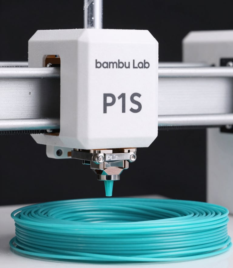 Close-up of a high-tech Bambu Lab P1S 3D printer nozzle extruding bright turquoise PLA filament with micro-precision, clean studio lighting, dark background