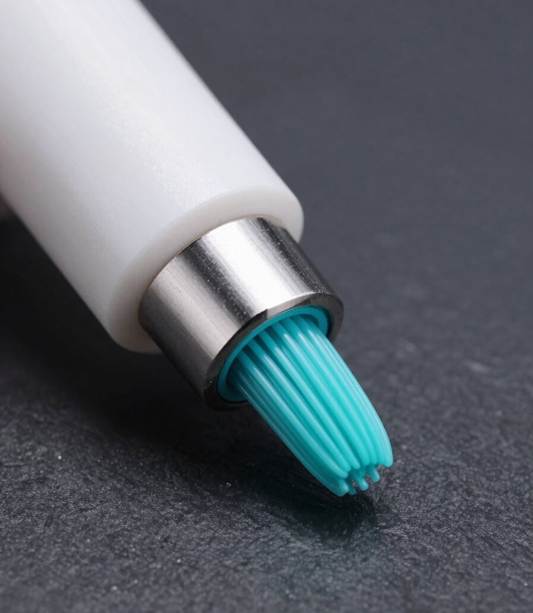 Macro shot of a high-tech 3D printing nozzle extruding glowing turquoise filament with extreme precision, clean studio lighting, dark slate background.