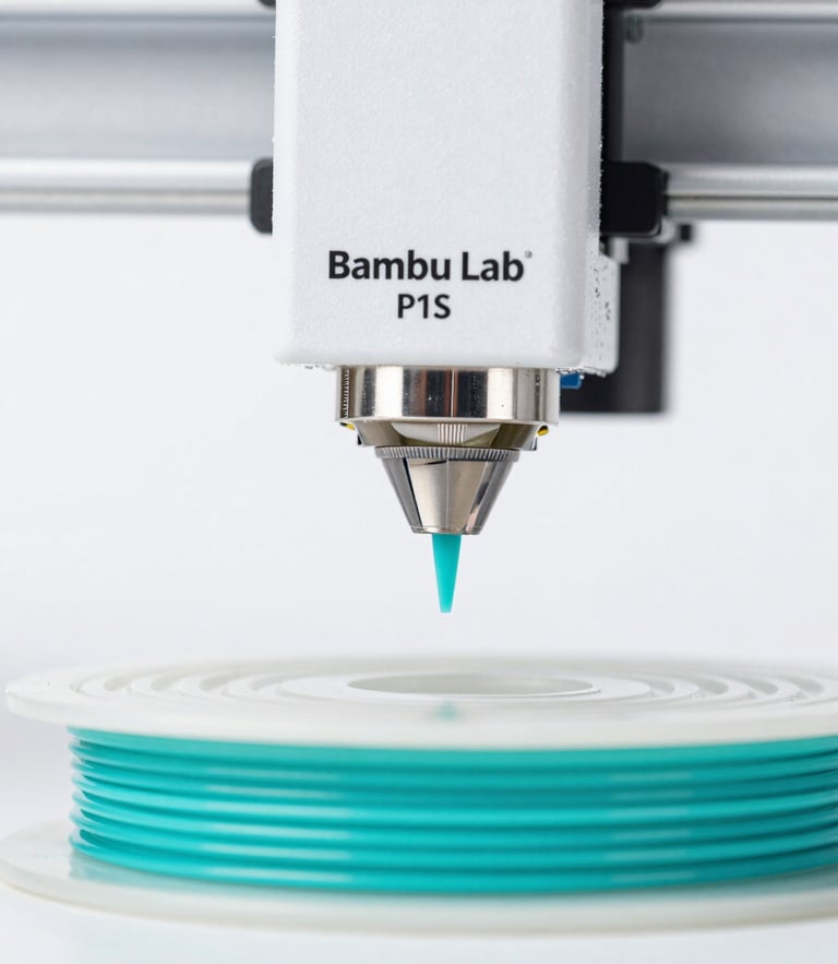Macro photograph of a Bambu Lab P1S 3D printer nozzle extruding bright turquoise filament, sharp details, clean studio lighting, high contrast