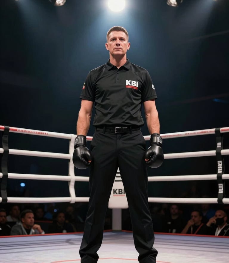 Dignified portrait of a certified KBI referee in official black uniform standing in the center of a professional kickboxing ring, dramatic spotlight from above, high-contrast lighting.