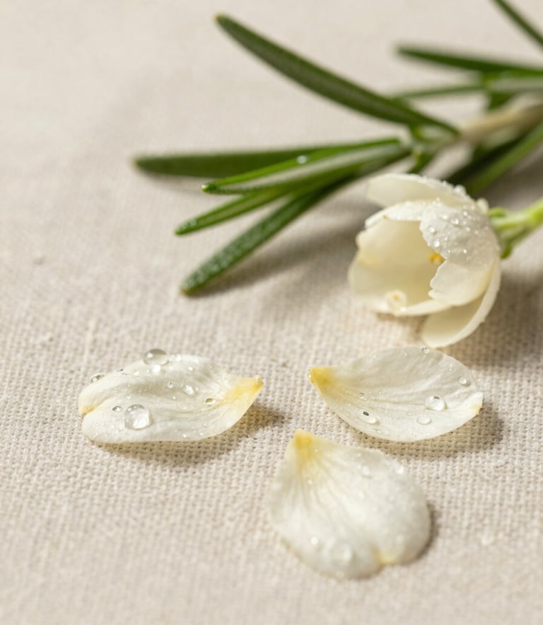 Macro shot of fresh jasmine petals and rosemary leaves glistening with morning dew on a textured linen surface, soft natural daylight, organic leaf shadows, 35mm