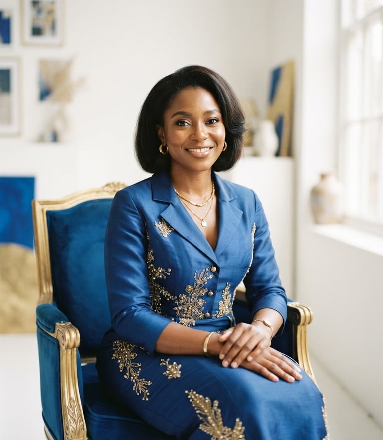 An elegant portrait of Bukky Adesunloye, warm editorial photography, bright natural daylight, clean white studio space, royal blue and gold accents, shallow depth of field, 35mm