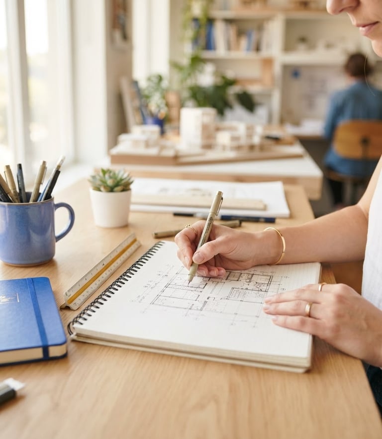 Bright, natural daylight editorial shot of a clean workspace with royal blue accents, a notebook, and hands sketching an architectural layout, 35mm shallow depth of field