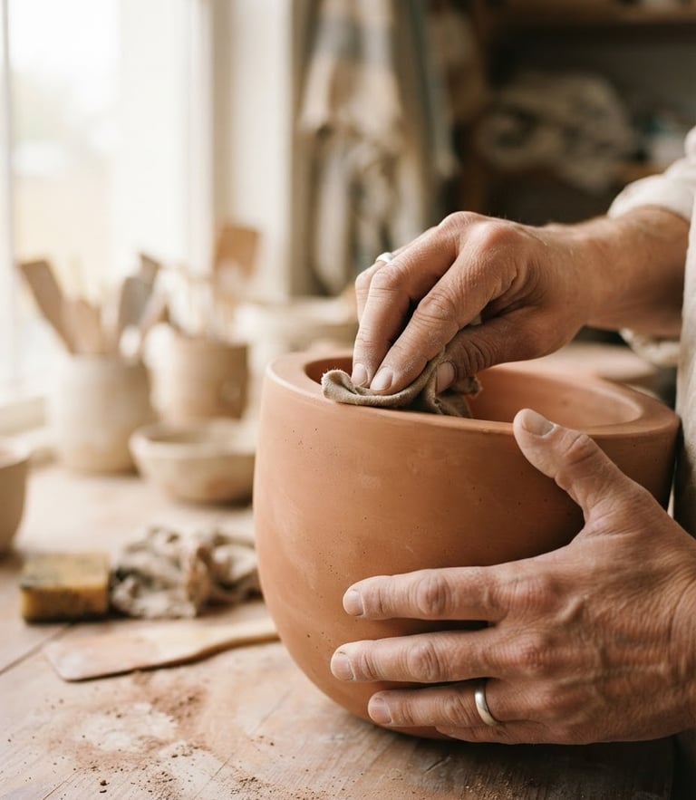 Close-up of artisan hands gently polishing a smooth terracotta concrete planter, warm diffused natural window light, soft shadows