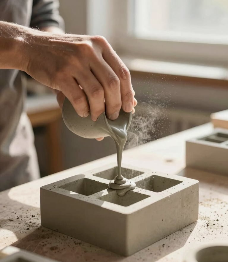 Artisan hands in a sunlit workshop carefully pouring liquid colored concrete into a geometric silicone mold, dust particles in the air, warm editorial feel