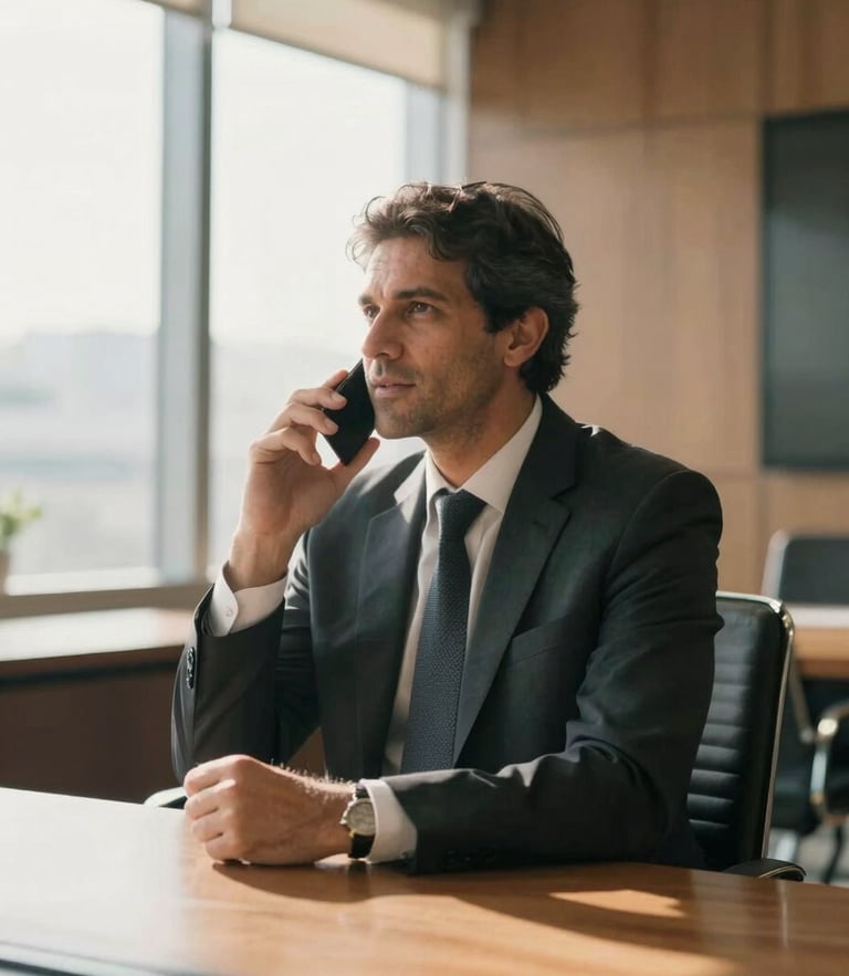 A sophisticated Brazilian executive speaking confidently in a sunlit, modern boardroom, warm natural window light, shallow depth of field, 35mm editorial photography