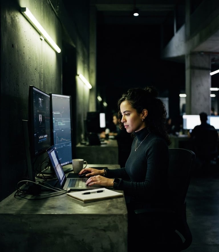 Portrait shot of a sleek, minimalist Colombian media office at dusk, neon-lime ambient light casting sharp lines on dark concrete walls, high-contrast shadows, 35mm editorial photography.
