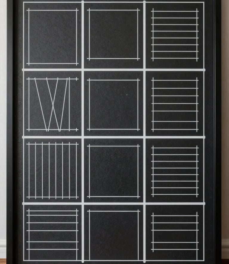 Flat-lay wireframe layout on an obsidian screen, clean white lines, minimalist grid system, technical aesthetic.