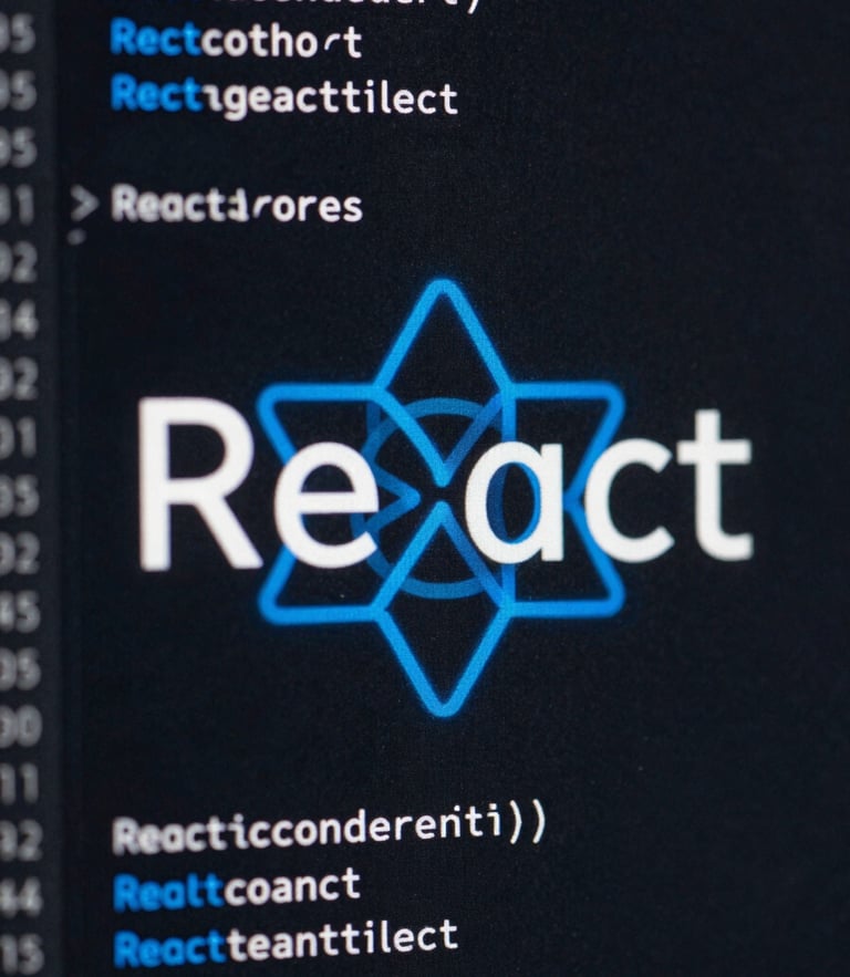 Macro crop of a dark-mode IDE showing clean React code, sharp electric blue highlights, high-contrast technical minimalism.