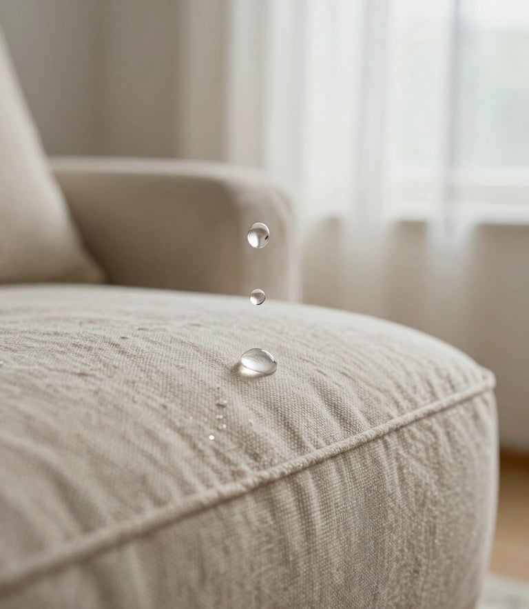 Macro shot of perfect water droplets suspended and rolling off a light beige linen sofa fabric, soft natural window light, highly detailed texture.