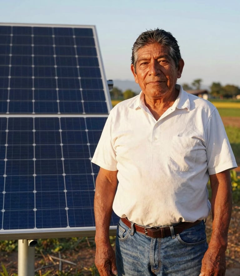 Warm editorial portrait of a Latin American rural community leader standing proudly next to a solar panel installation, bright natural golden hour sunlight, 35mm.