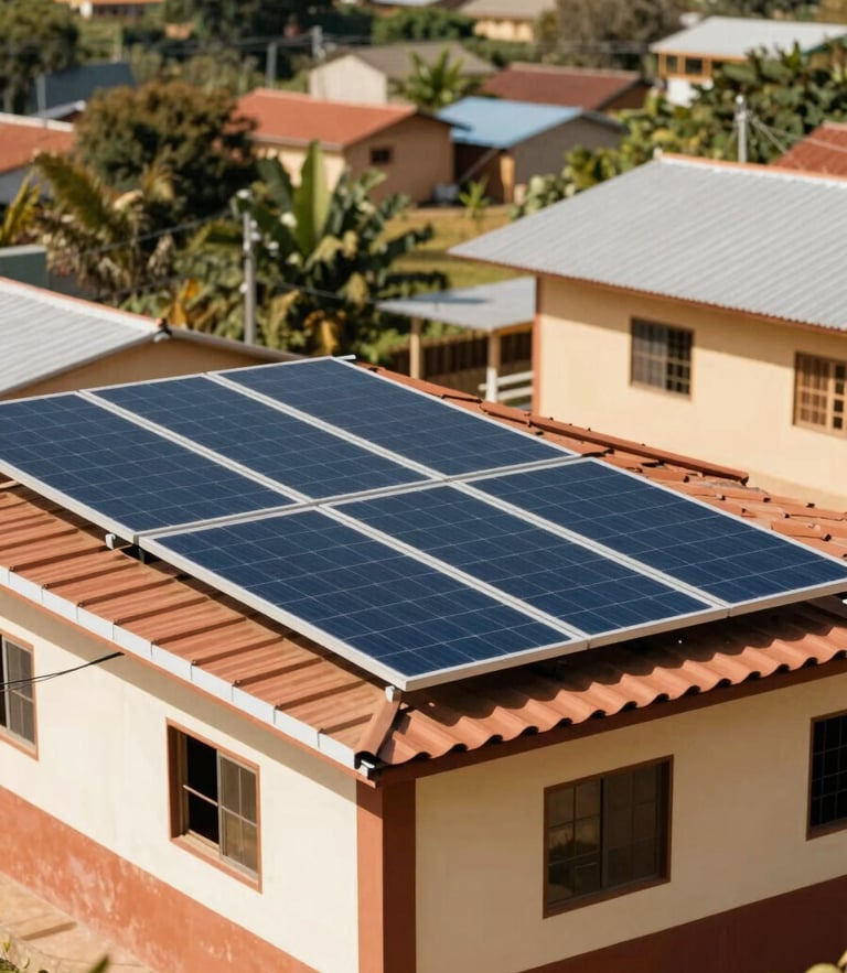 Warm editorial photography of a modern solar array integrated into a community building roof in rural Colombia, bright natural sunlight, vibrant earth tones, shallow depth of field, 35mm.
