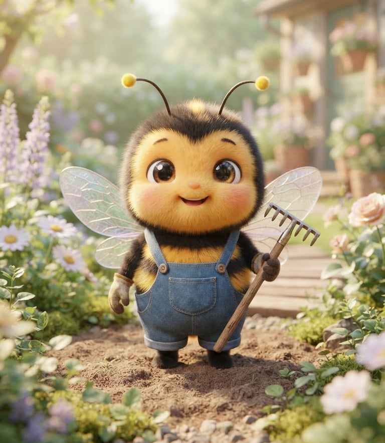 A cute, big-eyed anime-style bumblebee mascot holding a tiny wooden rake, soft pastel green background, cheerful character design, 3D render style, bright warm lighting