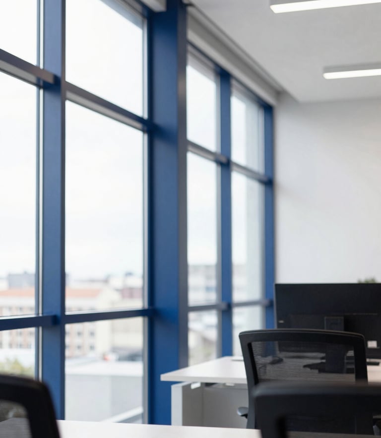 Editorial corporate photography of a modern bright office with natural window light, a structured architectural detail of a clean workspace in Madrid, deep blue accents, 35mm