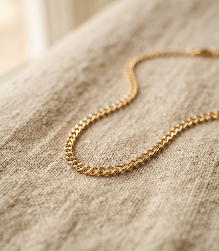 Macro detail shot of a gold-plated chain necklace resting on textured sand linen, soft natural window light, warm editorial styling