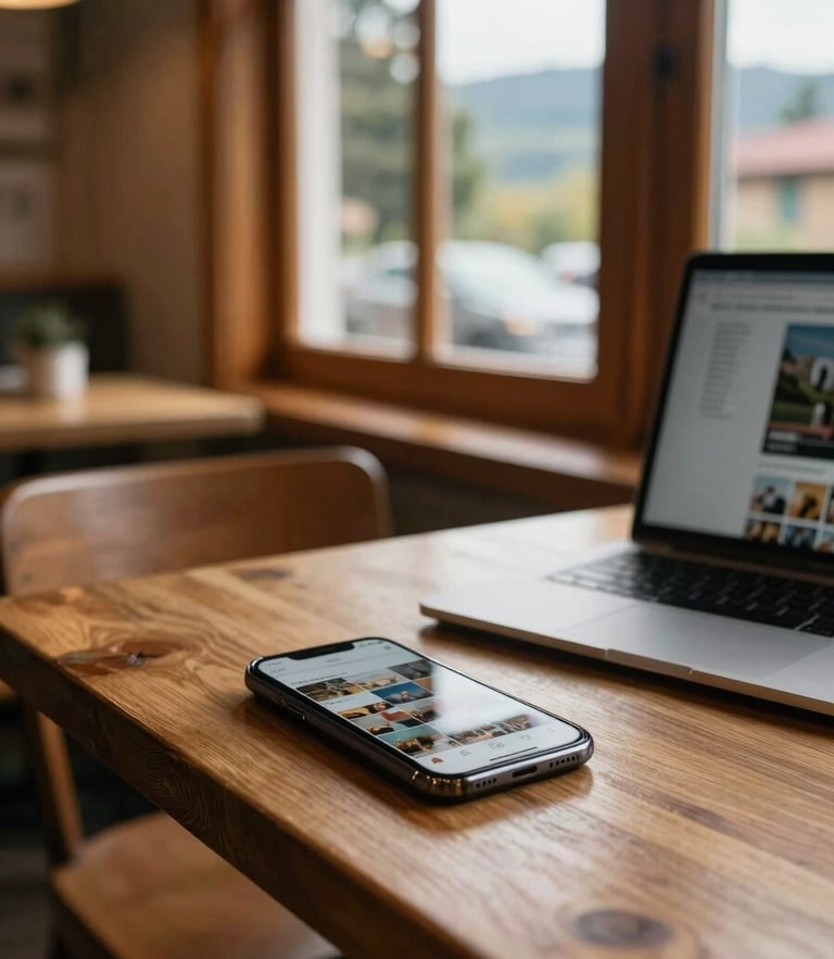 Cozy wooden cafe interior in Pucón, soft southern Chile daylight filtering through a window, a smartphone on a clean wooden table showing a curated Instagram feed, laptop nearby, warm and authentic atmosphere.