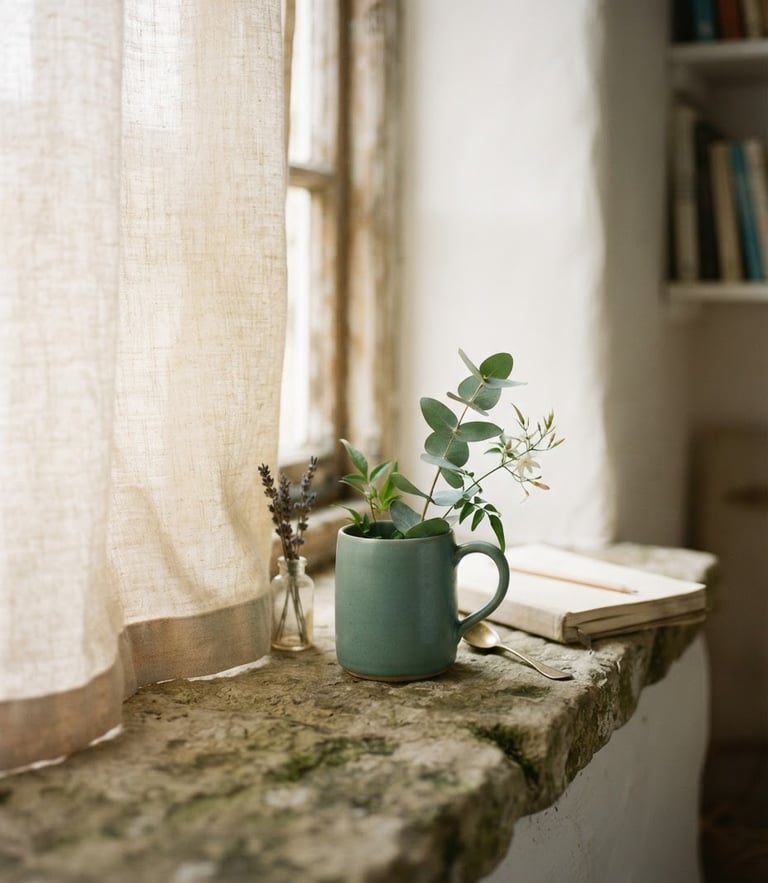 Soft diffused window light filtering through linen curtains onto a stone ledge, warm cream tones, shallow depth of field, 35mm