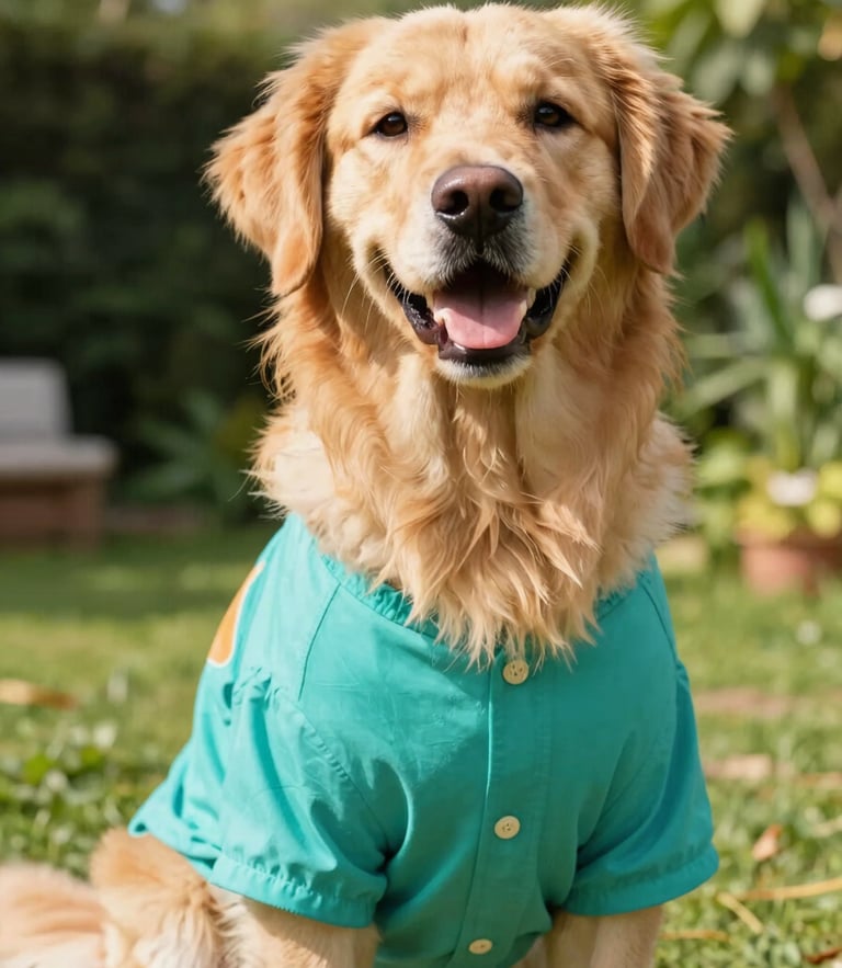 A happy golden retriever wearing a colorful teal summer shirt sitting in a bright sunny garden, eye-level shot, warm natural daylight, vibrant editorial pet photography