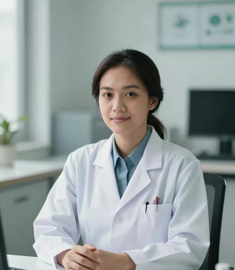 Professional Indonesian female doctor in clean clinical-editorial setting, sitting at desk, soft natural daylight, muted teal tones, shallow depth of field, 35mm