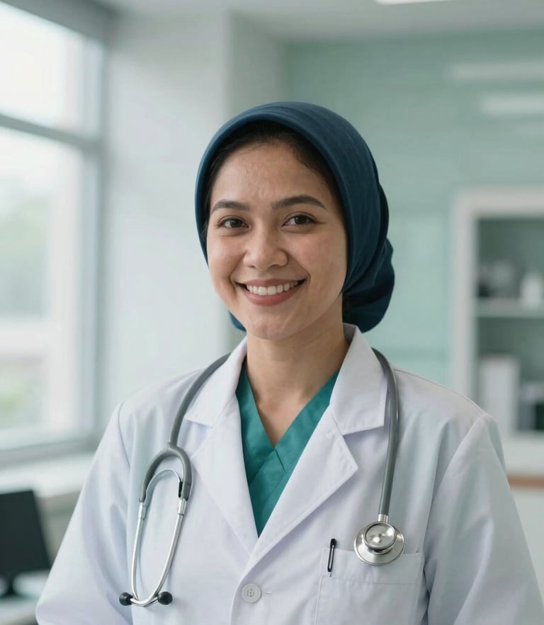 Professional portrait of a female Indonesian physician in a light-filled modern clinic, smiling warmly, soft natural light, shallow depth of field, 35mm editorial photography