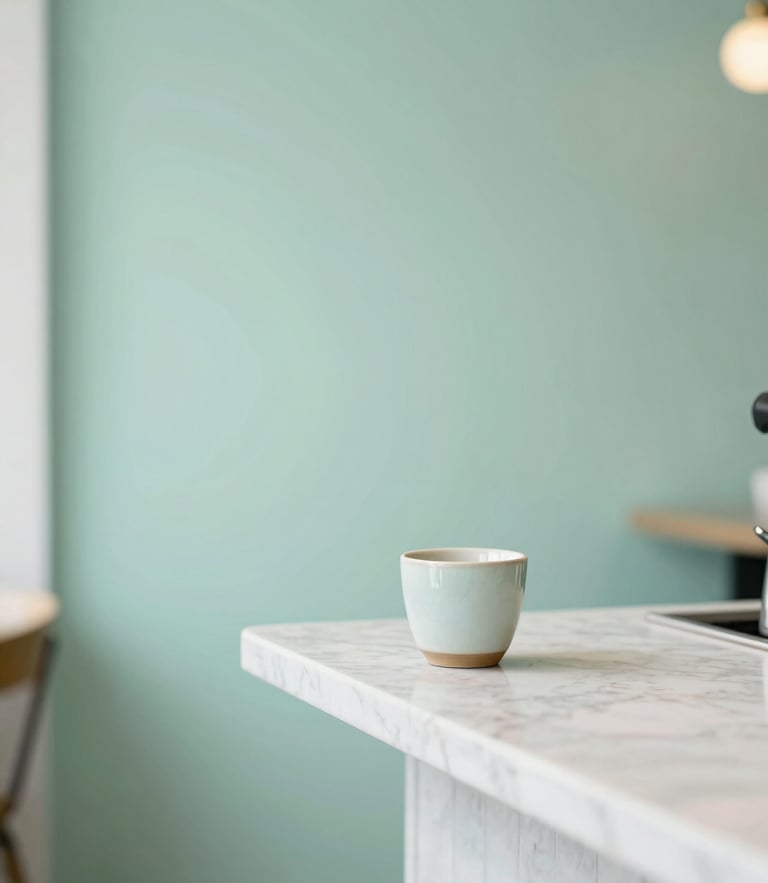 Bright minimalist coffee shop interior detail, soft natural daylight on a mint green wall, a marble counter with a single ceramic cup, shallow depth of field, 35mm