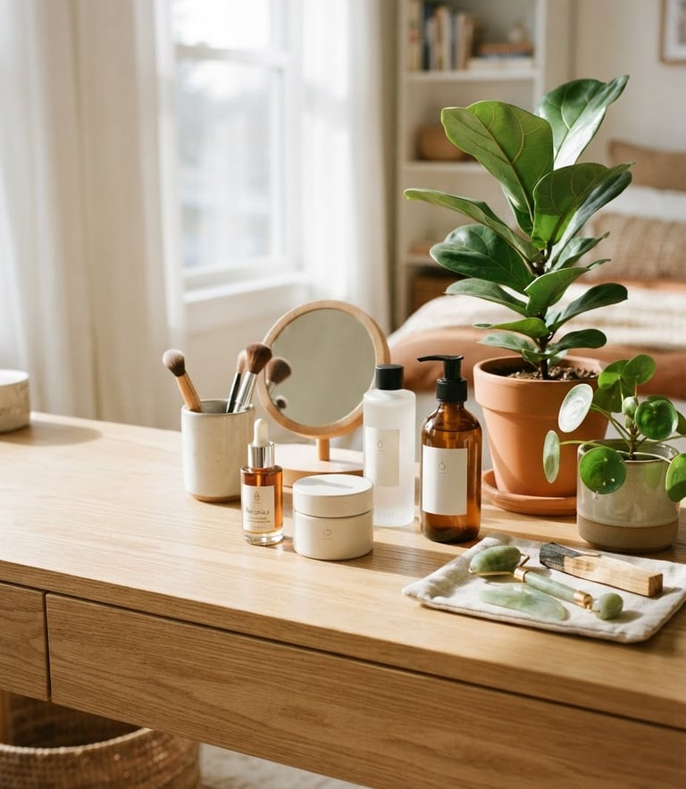 Bright lifestyle photography of a sunlit vanity with clean skincare bottles next to fresh green plants, soft shadows, warm-neutral tones, 35mm lens