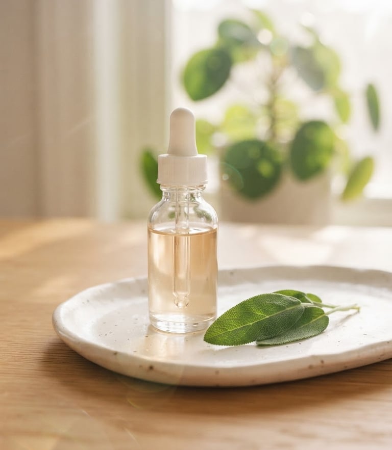 Bright natural daylight, a clean glass skincare bottle next to a fresh sage leaf on a white ceramic tray, soft sun flares