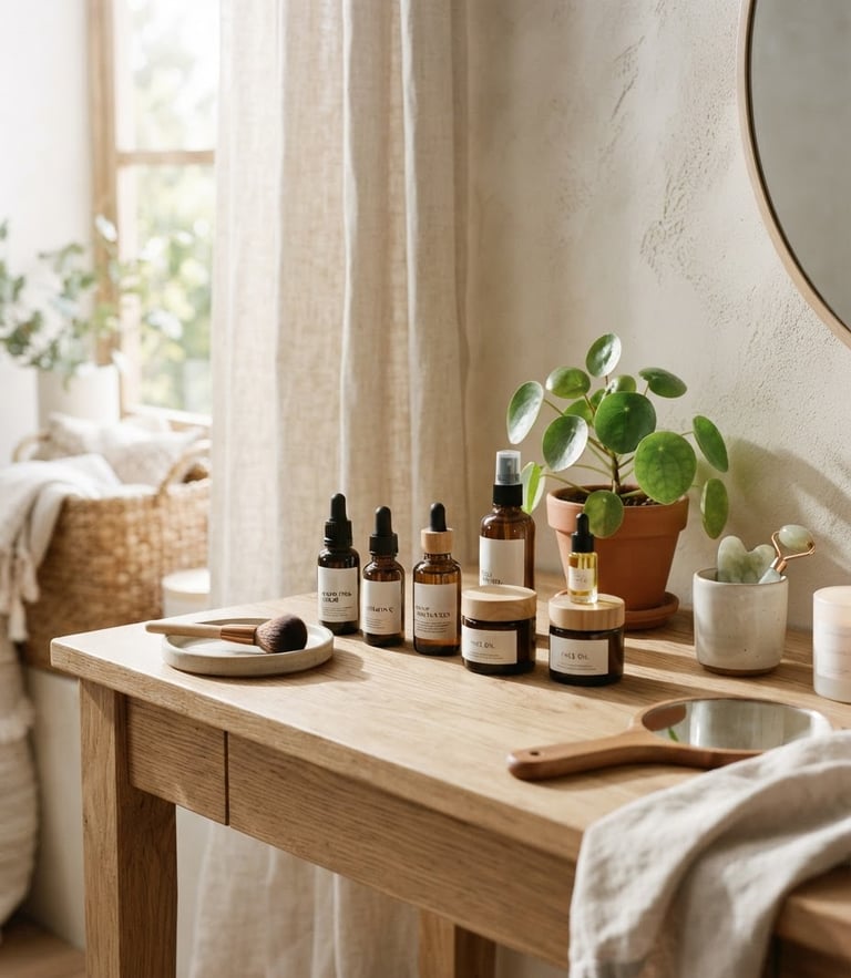 Bright natural lifestyle photography of a cozy sunlit vanity with skincare bottles and a small green plant, warm-neutral tones, soft shadows, 35mm lens