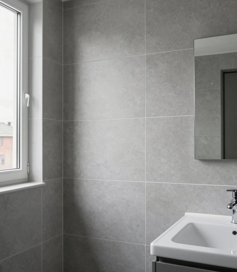 Straight-on architectural photograph of a luxury bathroom renovation in Gothenburg, clean grey tiling, perfect joints, natural light from a side window, focus on craftsmanship.