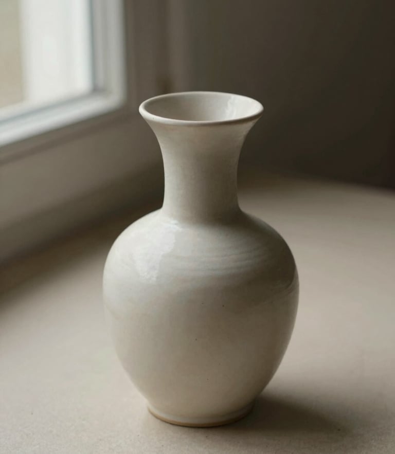 A close-up of a simple handmade ceramic vase on a matte beige surface, soft natural window light, muted earthy tones, minimalist composition.