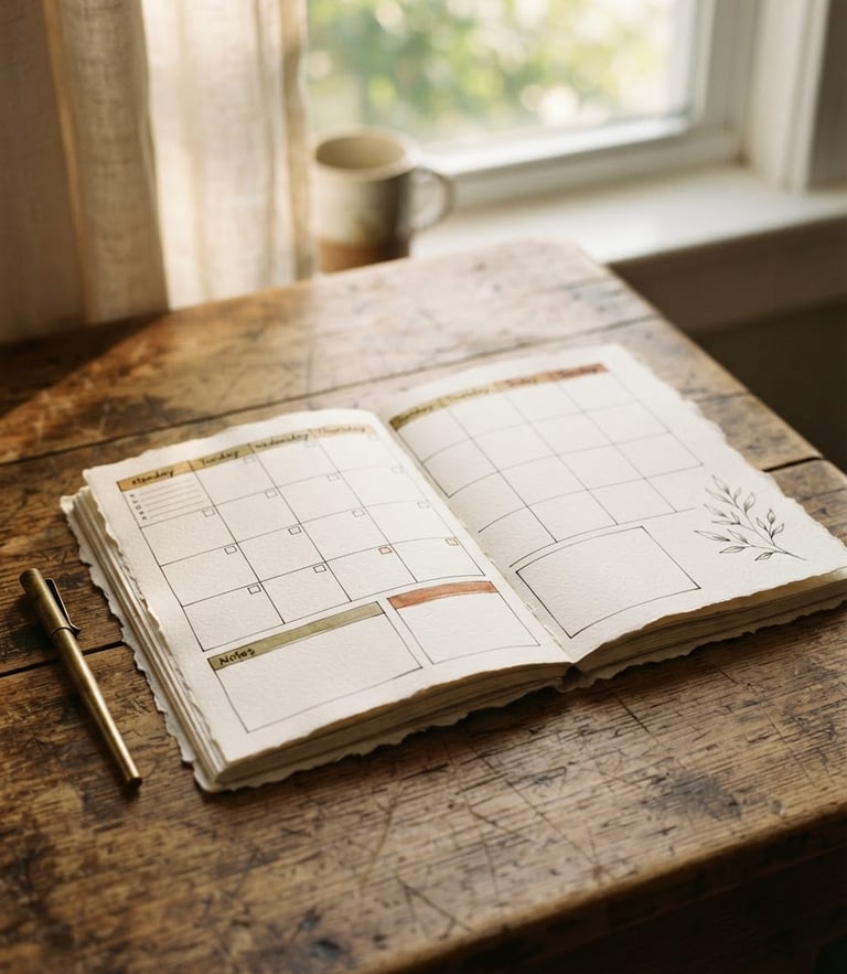 A hand-drawn weekly planner resting on a worn wooden table, soft morning window light casting hazy shadows, warm nostalgic earth tones.