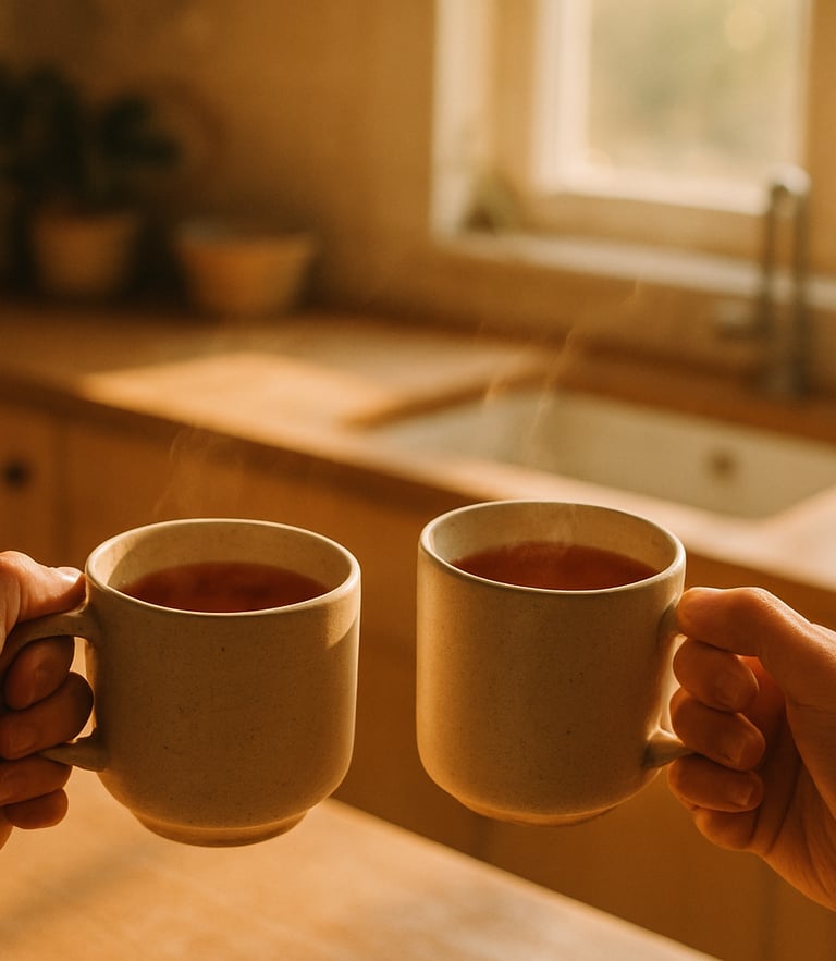 A warm, sunlit kitchen with hands holding ceramic mugs of tea, soft golden-hour light, shallow depth of field, 35mm film look.