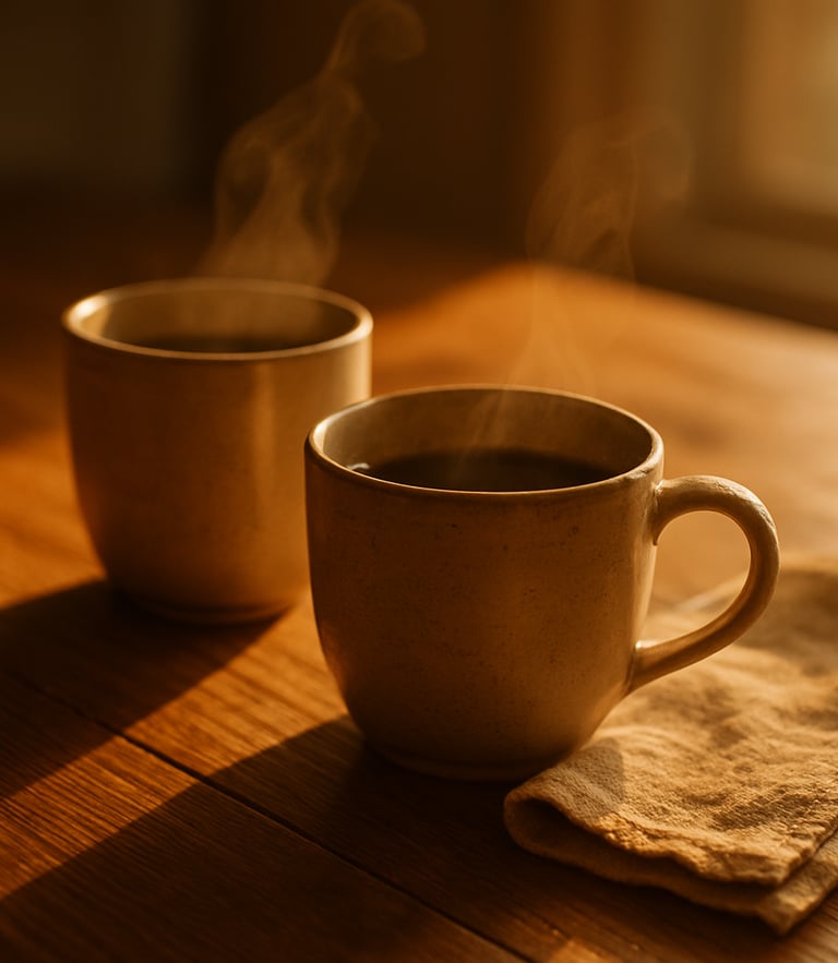 A warm, sunlit wooden table with two steaming ceramic mugs, soft golden-hour light casting long shadows, a rustic linen napkin, shallow depth of field.