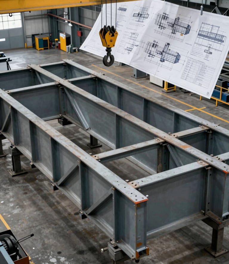 High-angle shot of heavy-duty industrial fabrication floor, massive structural steel trusses aligned on steel stands, overhead crane hook visible in upper frame, technical blueprint layout.