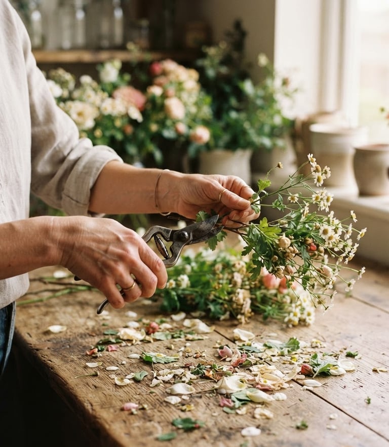 A close-up of Kelly's hands gently trimming a delicate wild branch over a wooden table covered in loose petals, soft diffused morning light, shallow depth of field, warm editorial photography.