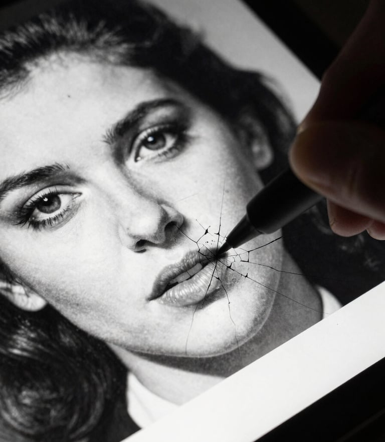 Extreme close-up of a digital stylus pen restoring a cracked vintage monochrome portrait on a high-contrast glowing screen, darkroom shadows