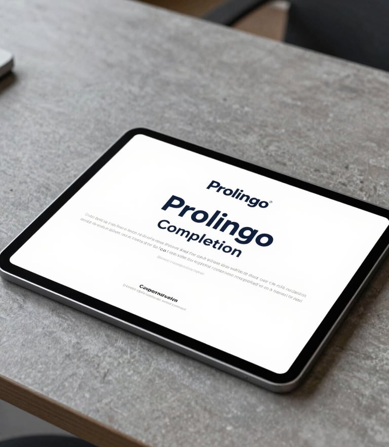 A clean, graphic mockup of a Prolingo completion certificate on a sleek digital tablet, resting on a modern slate desk with neutral office daylight.