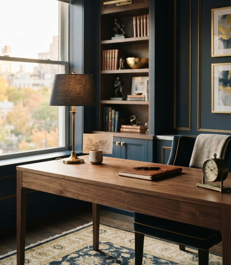 Warm editorial photography of a quiet, elegant private office with high-quality tactile materials, soft natural window light, deep navy and gold tones, shallow depth of field, architectural details.