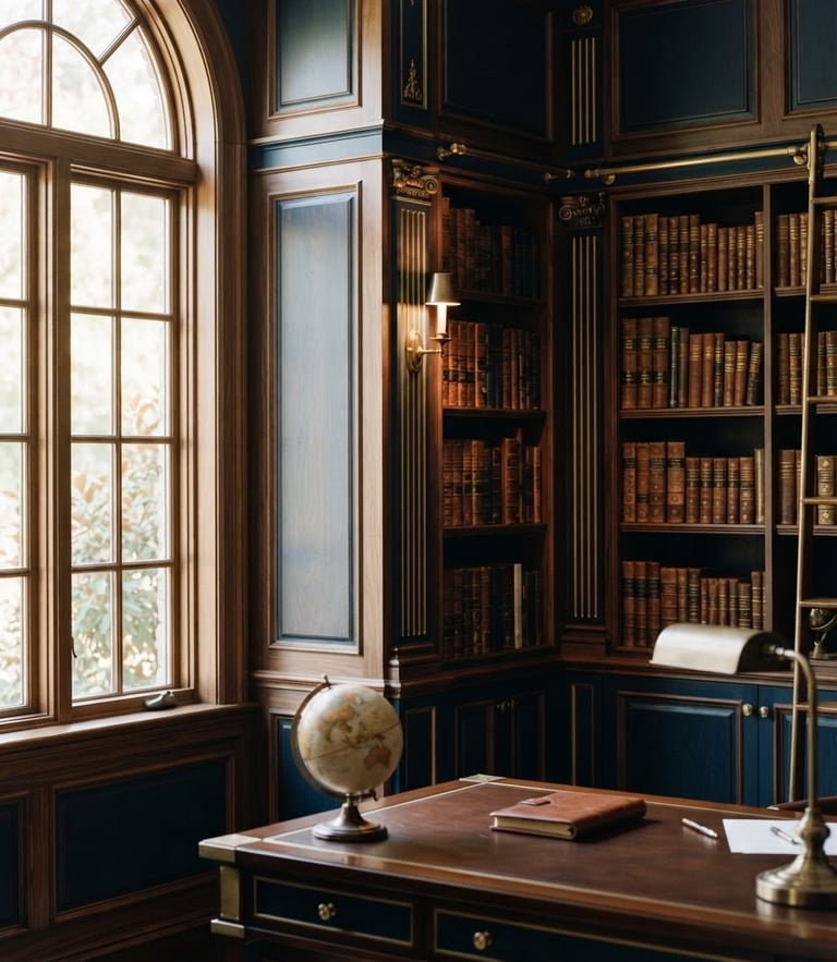 Elegant architectural details of a private family office library, soft natural window light reflecting on dark wood panels, deep navy tones, shallow depth of field