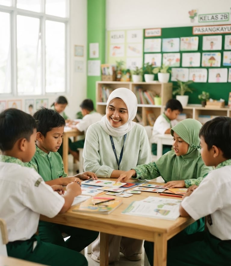 Bright academic photography, a female student teacher smiling in a bright modern classroom in Pasangkayu, natural morning daylight, green and white tones, 35mm