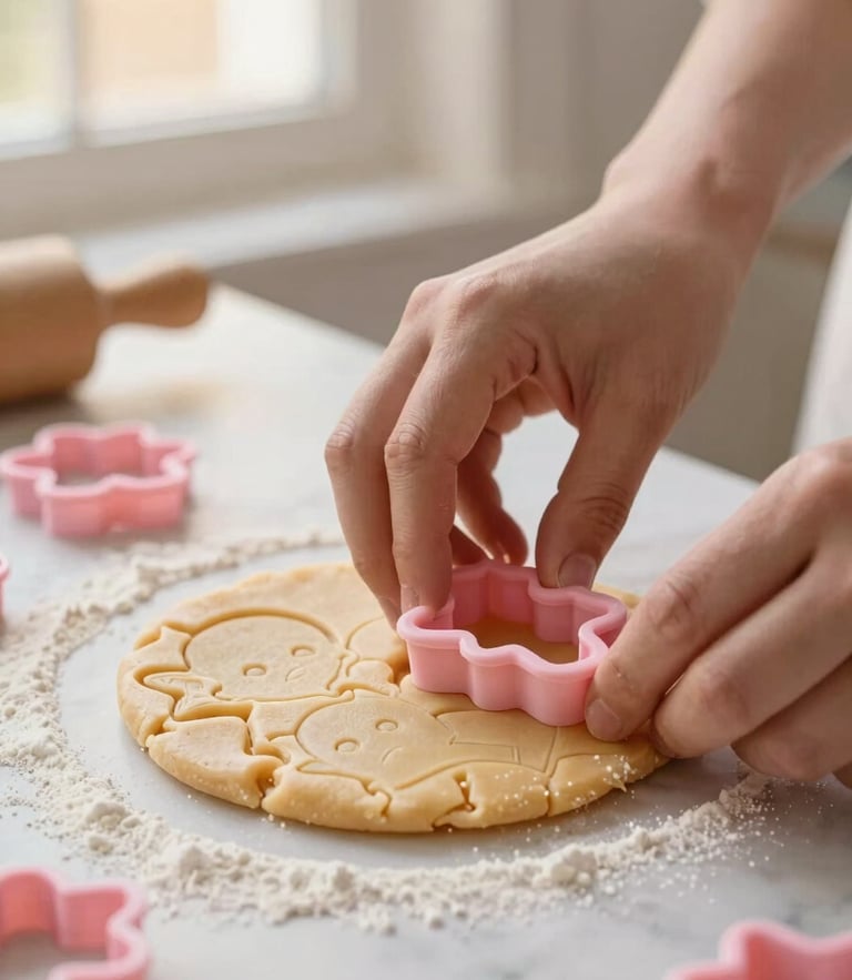 Close-up of hands stamping cookie dough with a custom 3D-printed pink pastel cookie cutter on a flour-dusted marble table, warm golden window light, soft focus