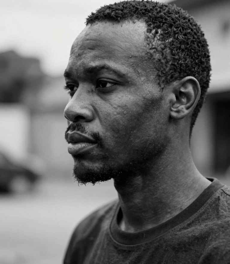 Portrait d'artiste en noir et blanc du photographe Simba, regardant hors cadre, lumière naturelle douce de côté.