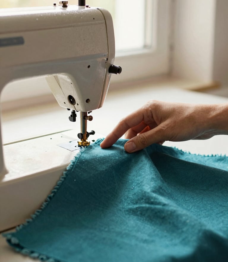 Hands guiding fabric through a vintage sewing machine in a warm, sunlit workshop, focus on the texture of teal fabric, shallow depth of field