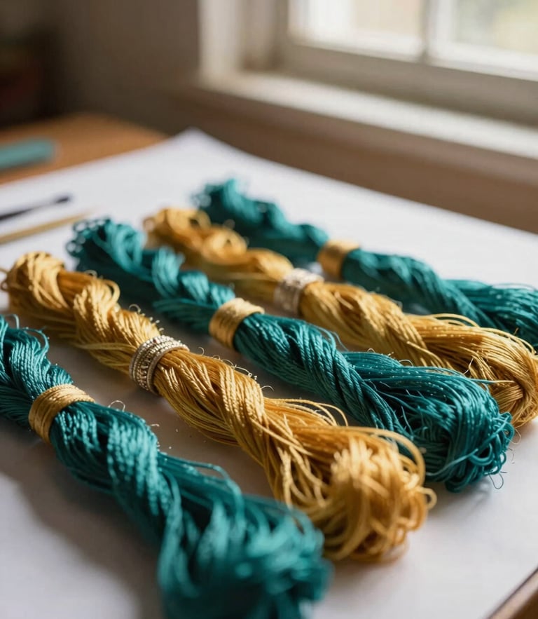 Close-up of vibrant, colorful embroidery threads arranged neatly in the Ixtapaluca workshop, soft warm window light, shallow depth of field, 35mm