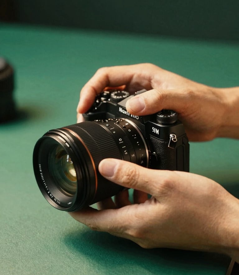 Close-up of hands adjusting a premium camera lens in a sunlit studio, warm shadows, emerald tones, 35mm photography